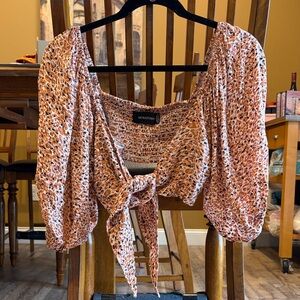 MINKPINK Orange Pink White Leopard tie front crop S